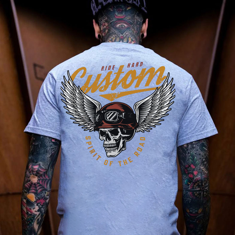 CUSTOM SPIRIT OF THE ROAD Skull with Winged Helmet Black Print T-shirt