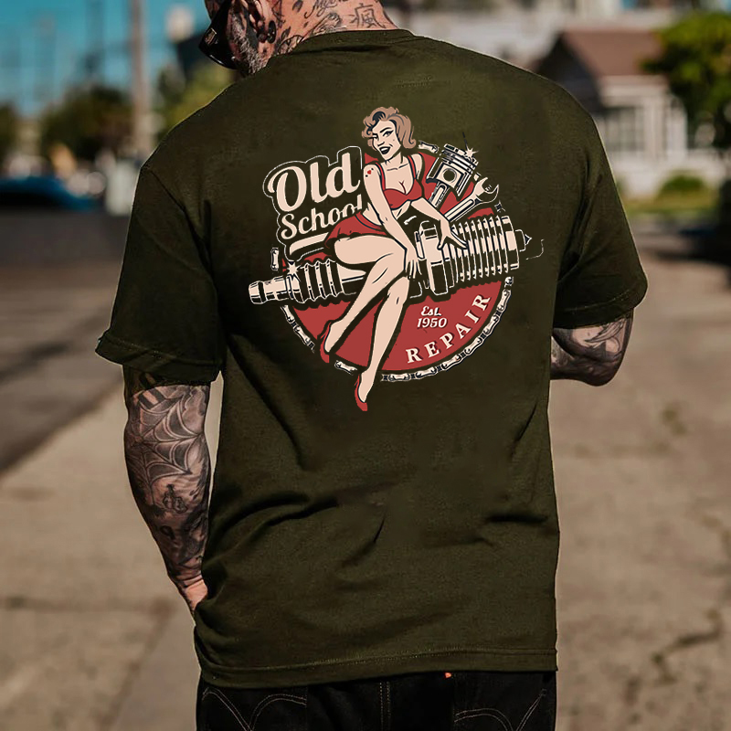 OLD SCHOOL Motorcycle Lady Black Print T-Shirt