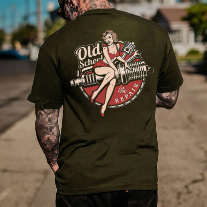 OLD SCHOOL Motorcycle Lady Black Print T-Shirt