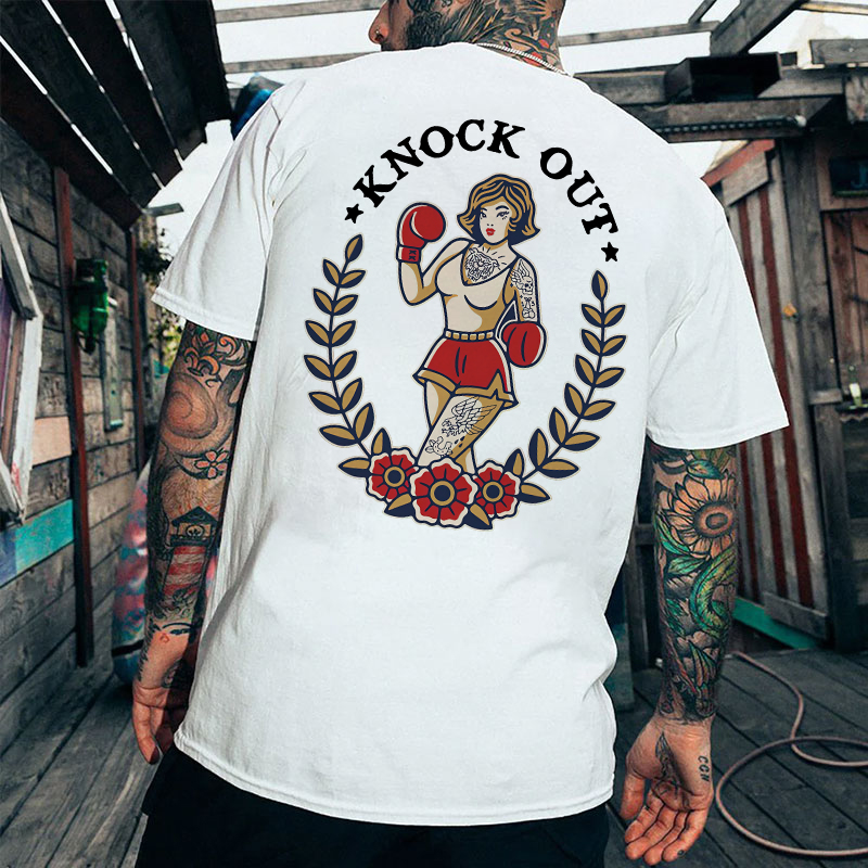 KNOCK OUT Boxing Lady with Tattoo Black Print T-Shirt