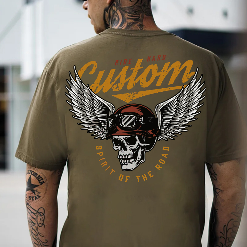 CUSTOM SPIRIT OF THE ROAD Skull with Winged Helmet Black Print T-shirt