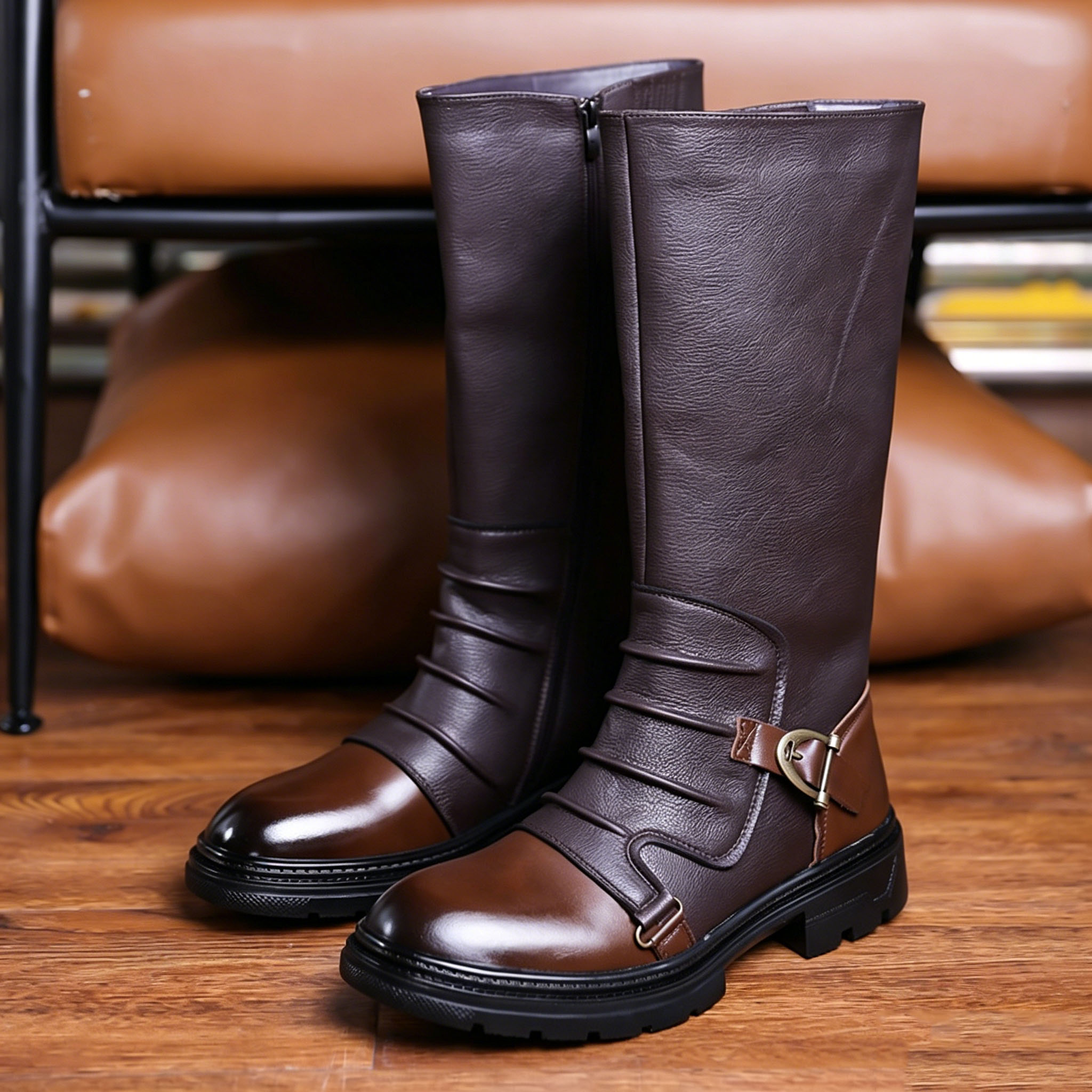 Retro buckle high boots