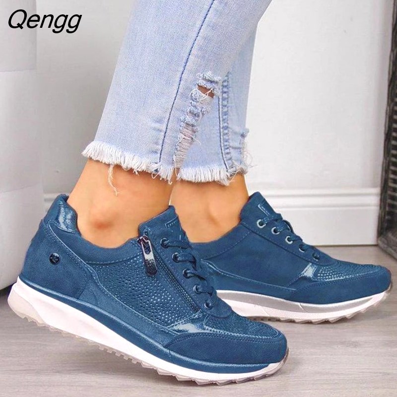 Qengg Casual Shoes 2023 New Fashion Wedge Flat Shoes Zipper Lace Up Co