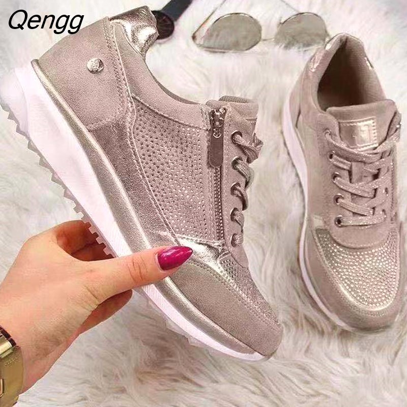 Qengg Casual Shoes 2023 New Fashion Wedge Flat Shoes Zipper Lace Up Co