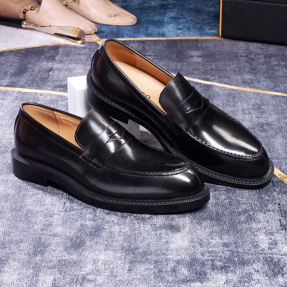Men's British-Style Genuine Leather Pointed-Toe Penny Loafers with Red Sole