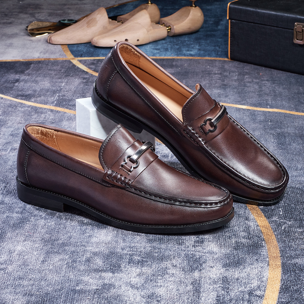Men's Metal Buckle Full-Grain Leather Penny Loafers