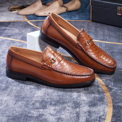 Men's Crocodile Embossed Full-Grain Leather Casual Loafers with Rubber Sole