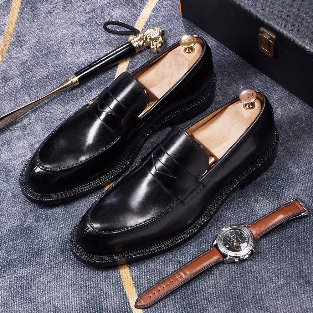 Men's British-Style Genuine Leather Pointed-Toe Penny Loafers with Red Sole