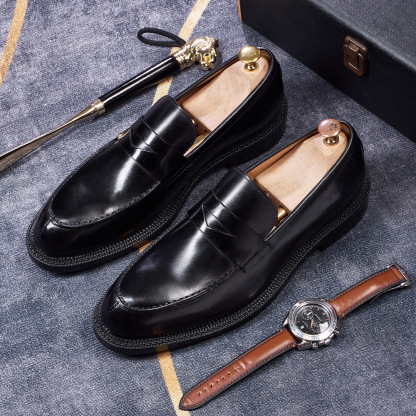 Men's British-Style Genuine Leather Pointed-Toe Penny Loafers with Red Sole