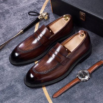 Men's Burnished Genuine Leather Penny Loafers