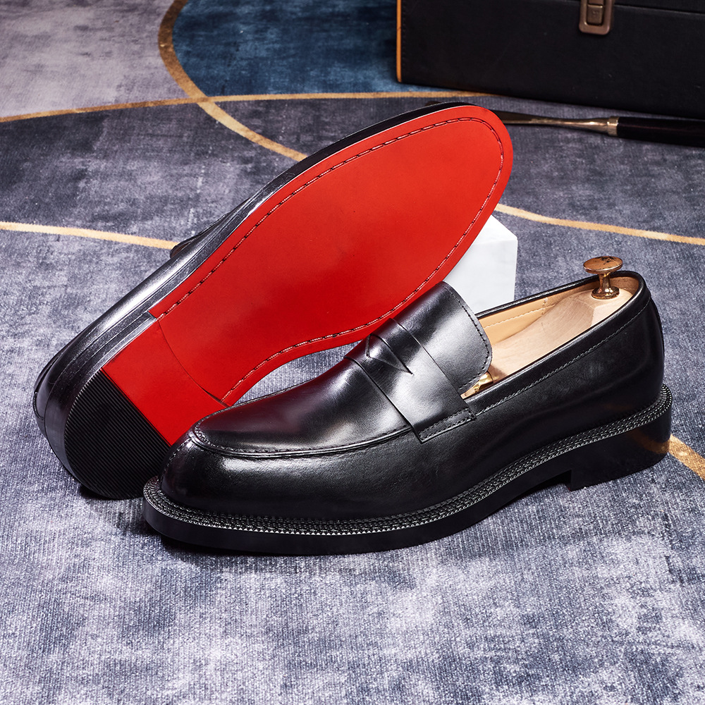 Men's British-Style Genuine Leather Pointed-Toe Penny Loafers with Red Sole