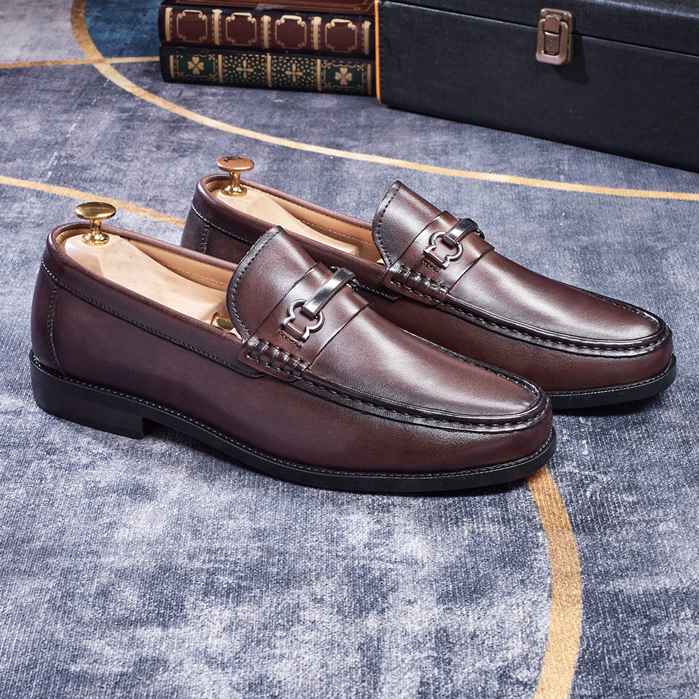 Men's Metal Buckle Full-Grain Leather Penny Loafers
