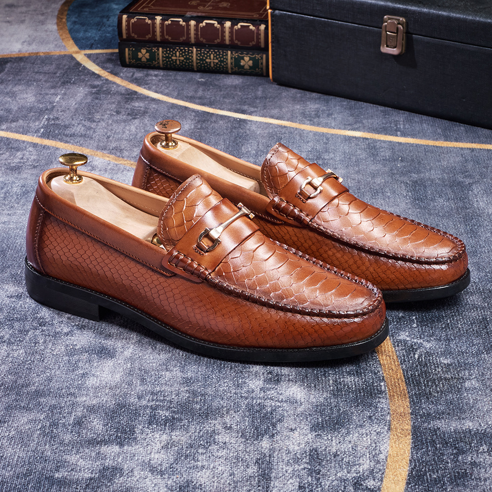 Men's Crocodile Embossed Full-Grain Leather Casual Loafers with Rubber Sole