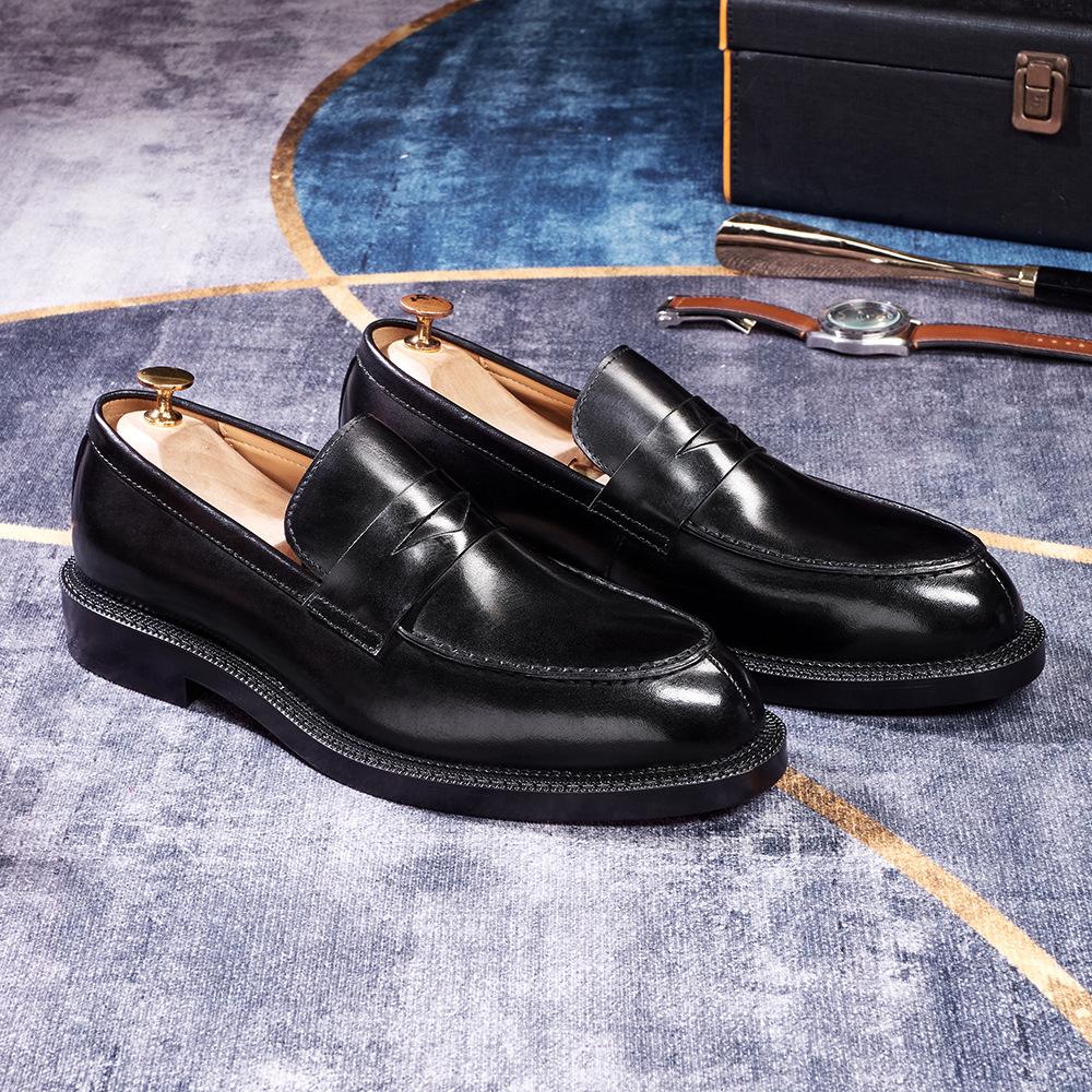 Men's British-Style Genuine Leather Pointed-Toe Penny Loafers with Red Sole