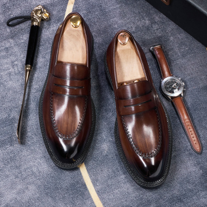 Men's Burnished Genuine Leather Penny Loafers