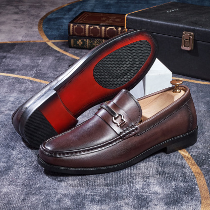 Men's Metal Buckle Full-Grain Leather Penny Loafers