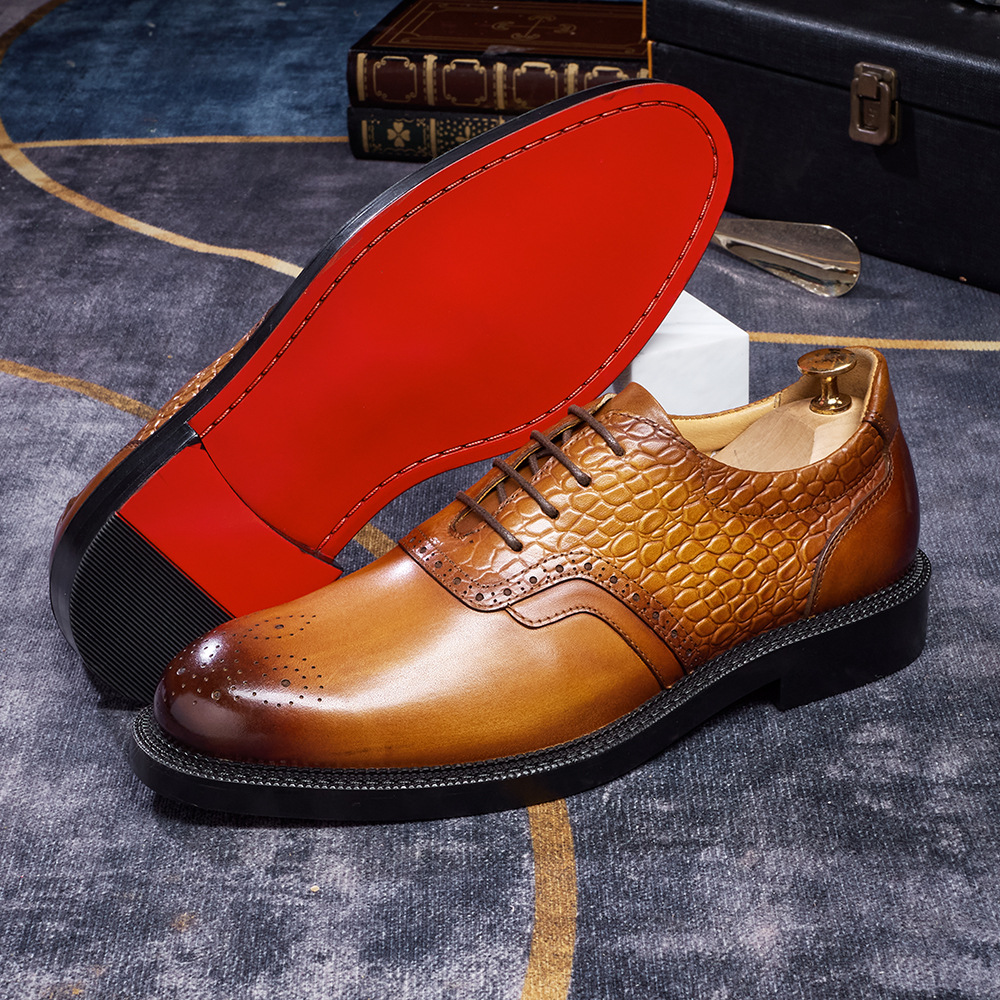 Men's Crocodile Embossed Brogue Pointed-Toe Oxford Shoes