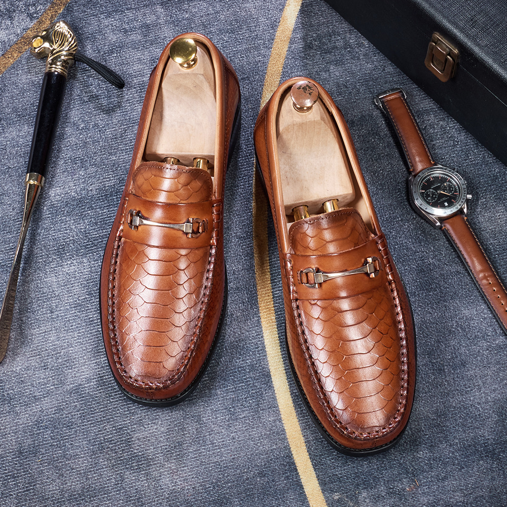 Men's Crocodile Embossed Full-Grain Leather Casual Loafers with Rubber Sole