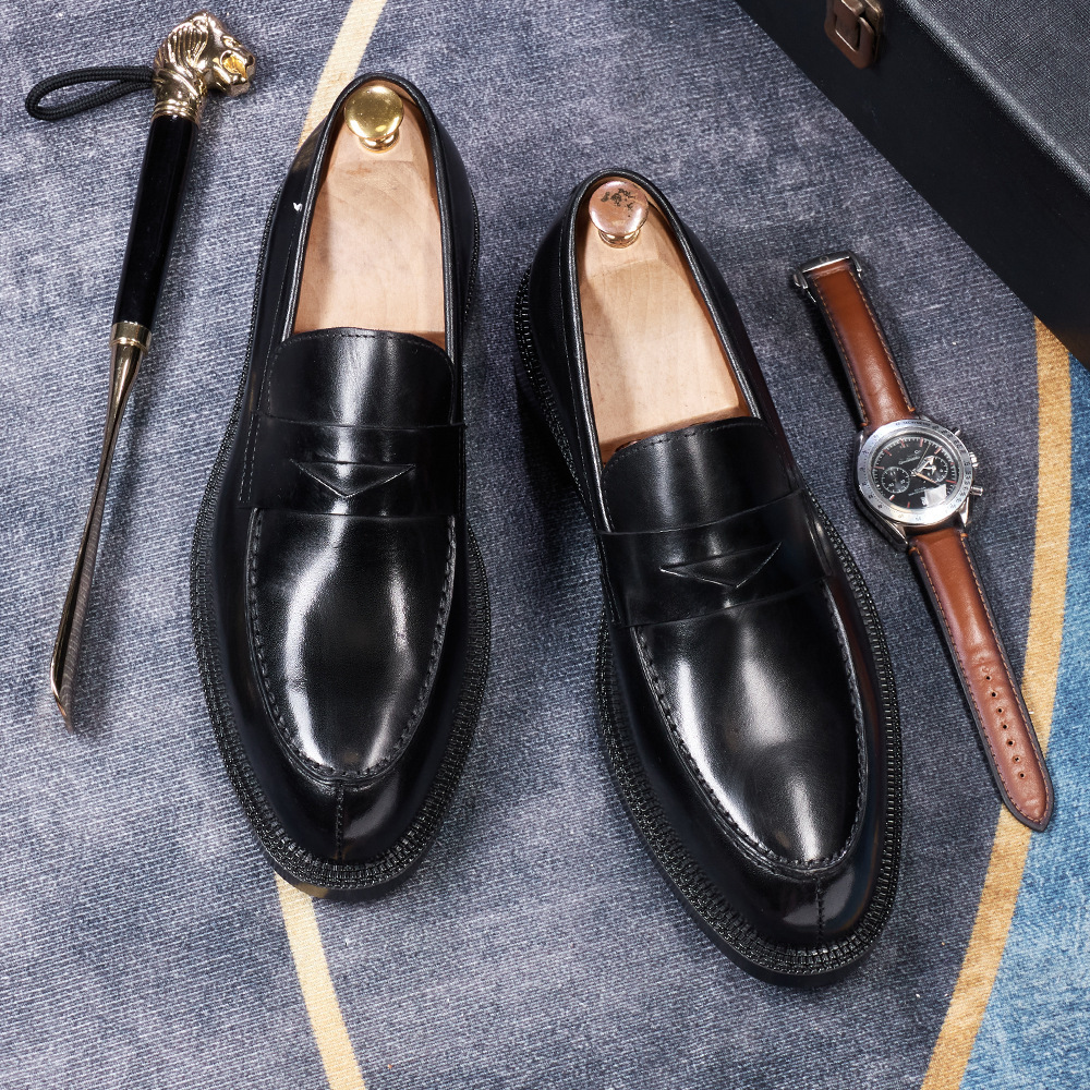 Men's British-Style Genuine Leather Pointed-Toe Penny Loafers with Red Sole