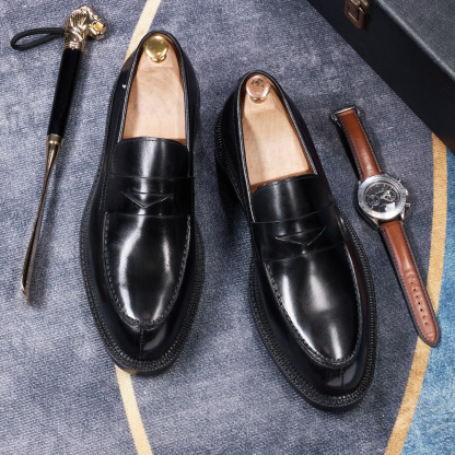 Men's British-Style Genuine Leather Pointed-Toe Penny Loafers with Red Sole