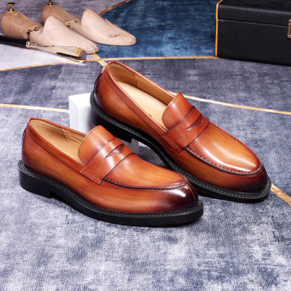 Men's British-Style Genuine Leather Pointed-Toe Penny Loafers with Red Sole