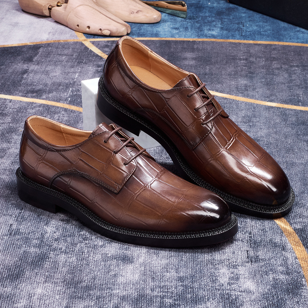 Men's Japanese-Style Full-Grain Leather Crocodile Pattern Embossed Oxford Shoes