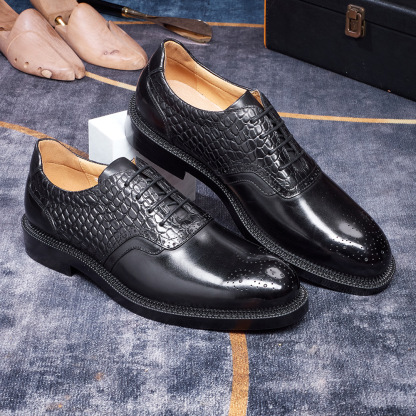 Men's Crocodile Embossed Brogue Pointed-Toe Oxford Shoes
