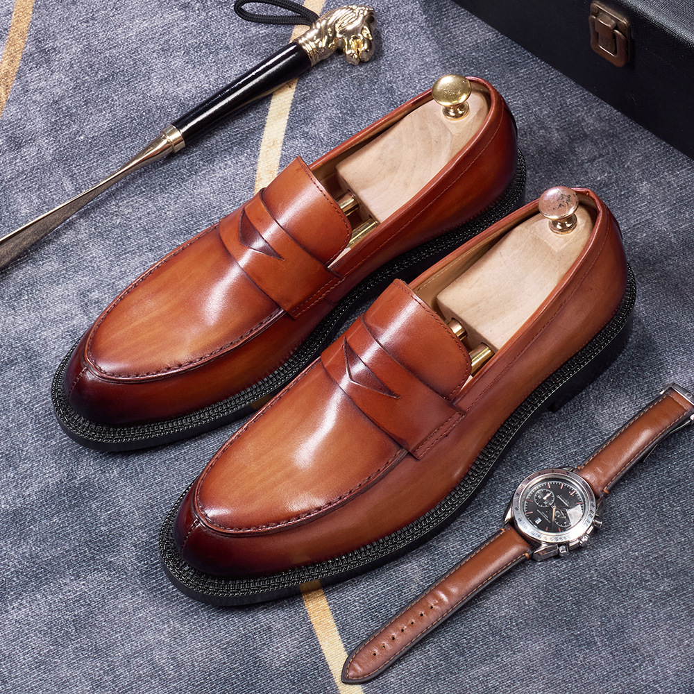Men's British-Style Genuine Leather Pointed-Toe Penny Loafers with Red Sole