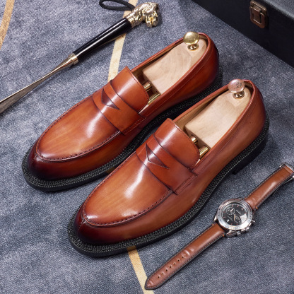 Men's British-Style Genuine Leather Pointed-Toe Penny Loafers with Red Sole