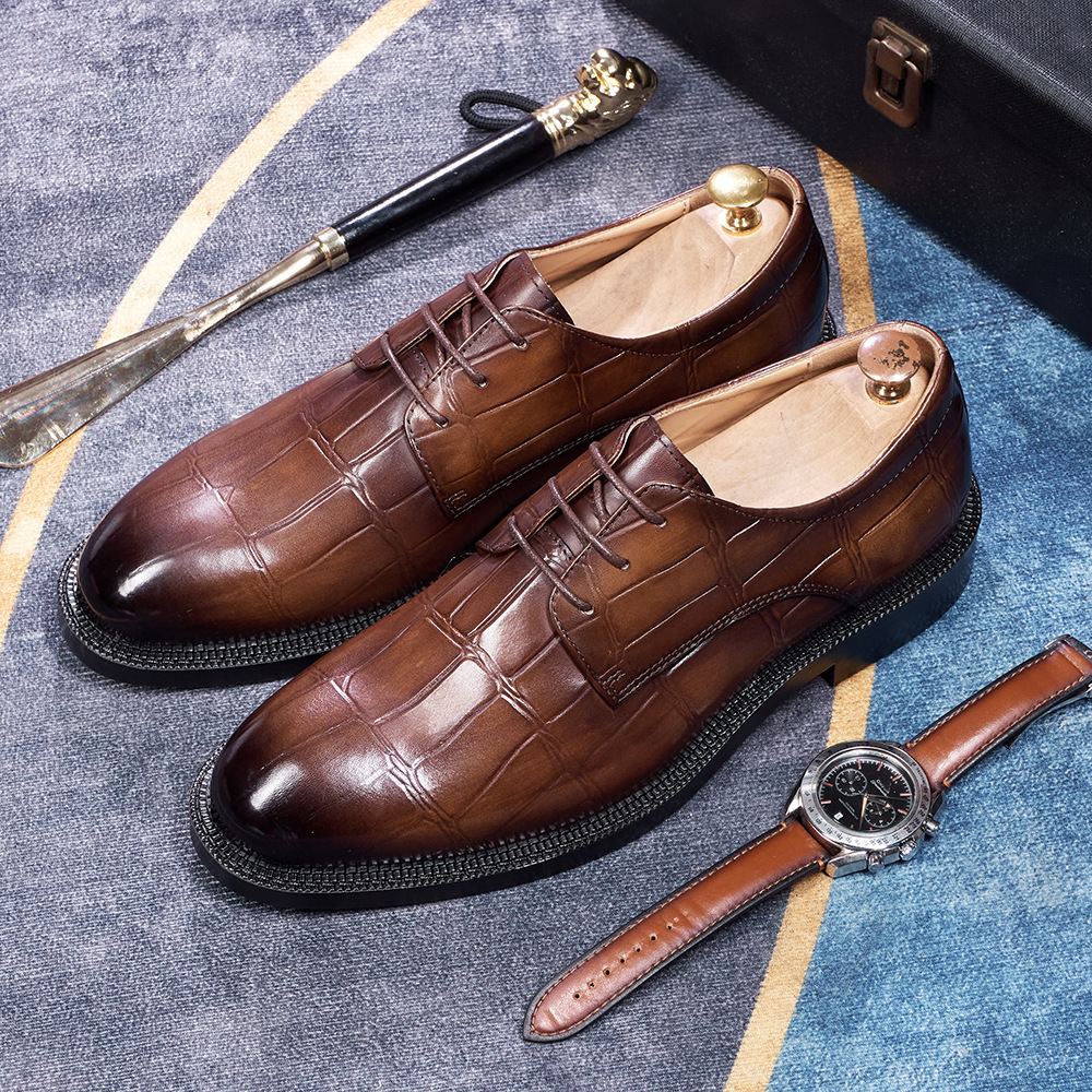 Men's Japanese-Style Full-Grain Leather Crocodile Pattern Embossed Oxford Shoes