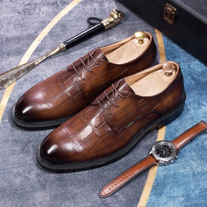 Men's Japanese-Style Full-Grain Leather Crocodile Pattern Embossed Oxford Shoes