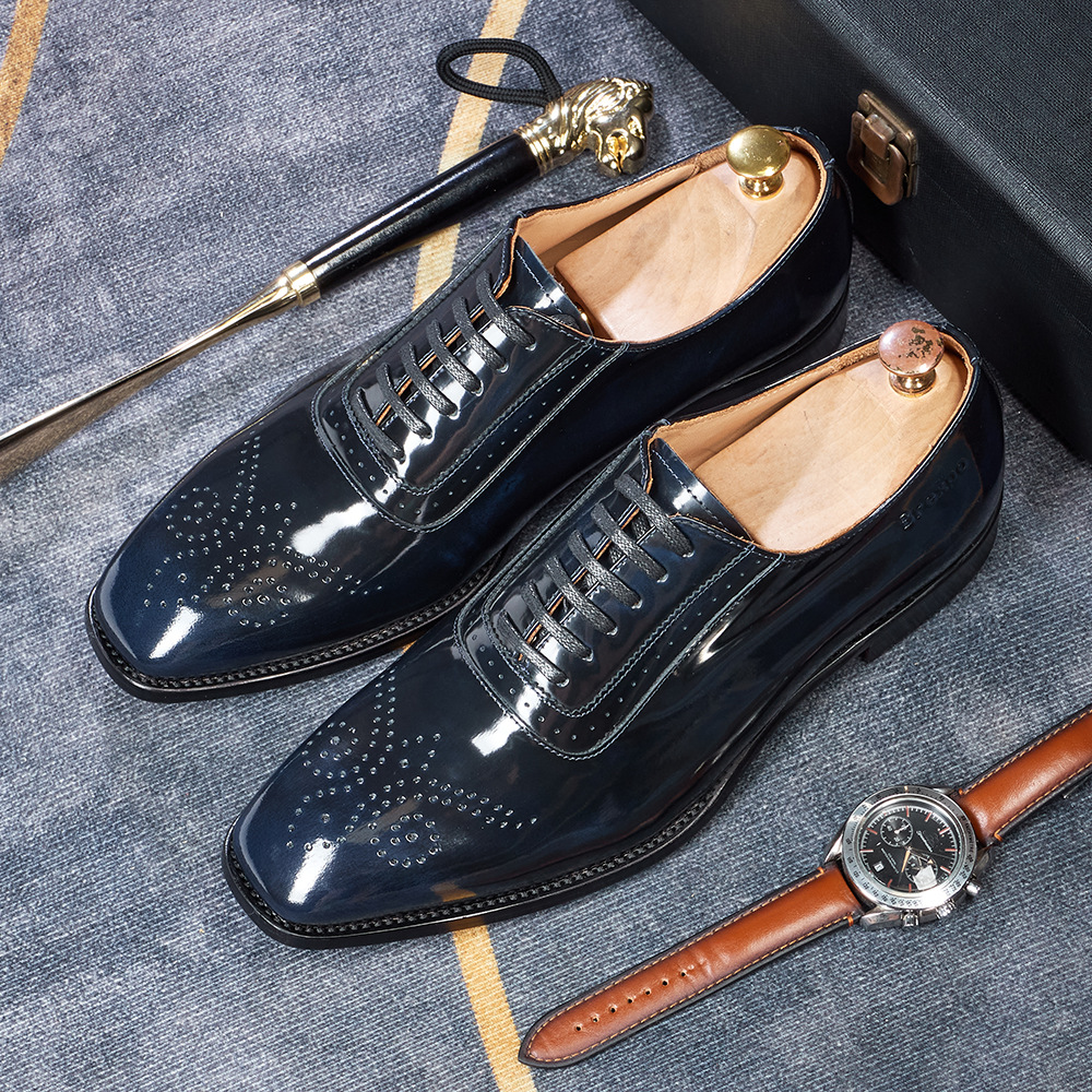 [Copy]Men's glossy embossed genuine leather lace-up Oxford shoes