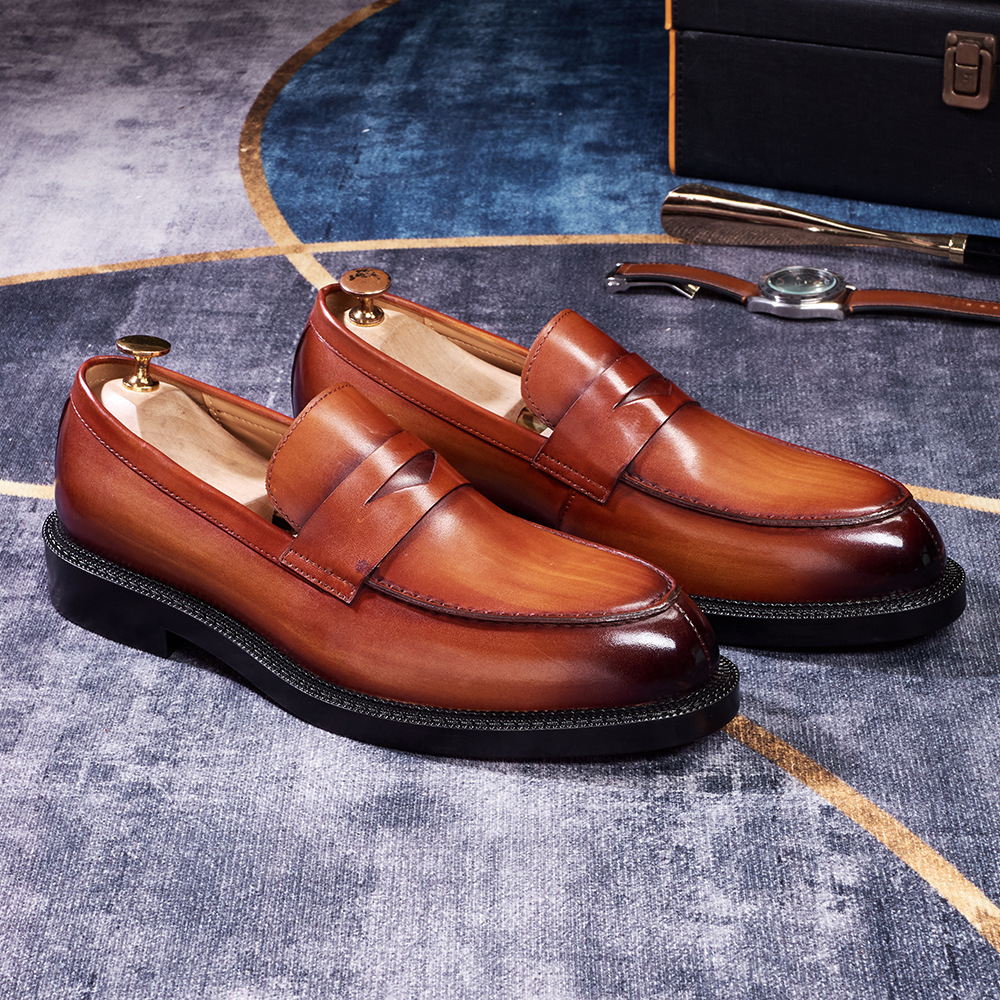 Men's British-Style Genuine Leather Pointed-Toe Penny Loafers with Red Sole