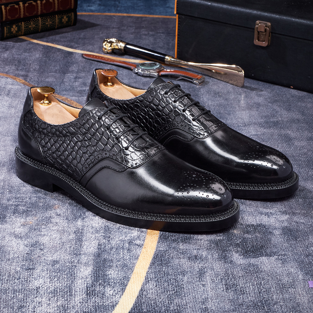 Men's Crocodile Embossed Brogue Pointed-Toe Oxford Shoes