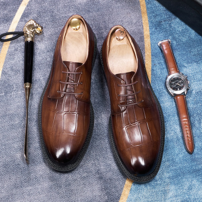 Men's Japanese-Style Full-Grain Leather Crocodile Pattern Embossed Oxford Shoes