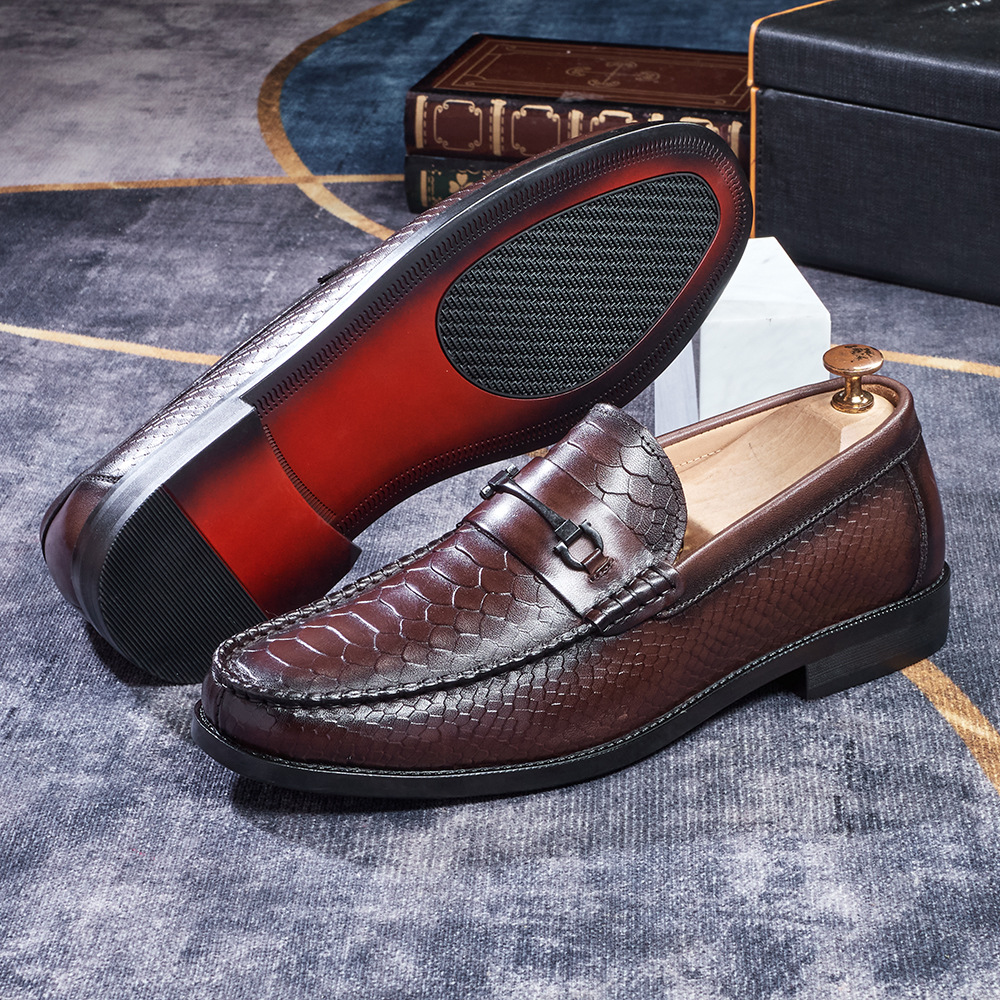 Men's Crocodile Embossed Full-Grain Leather Casual Loafers with Rubber Sole