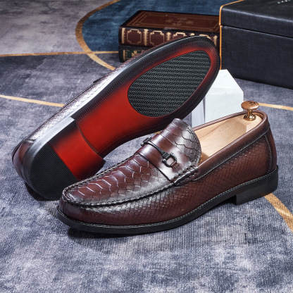 Men's Crocodile Embossed Full-Grain Leather Casual Loafers with Rubber Sole