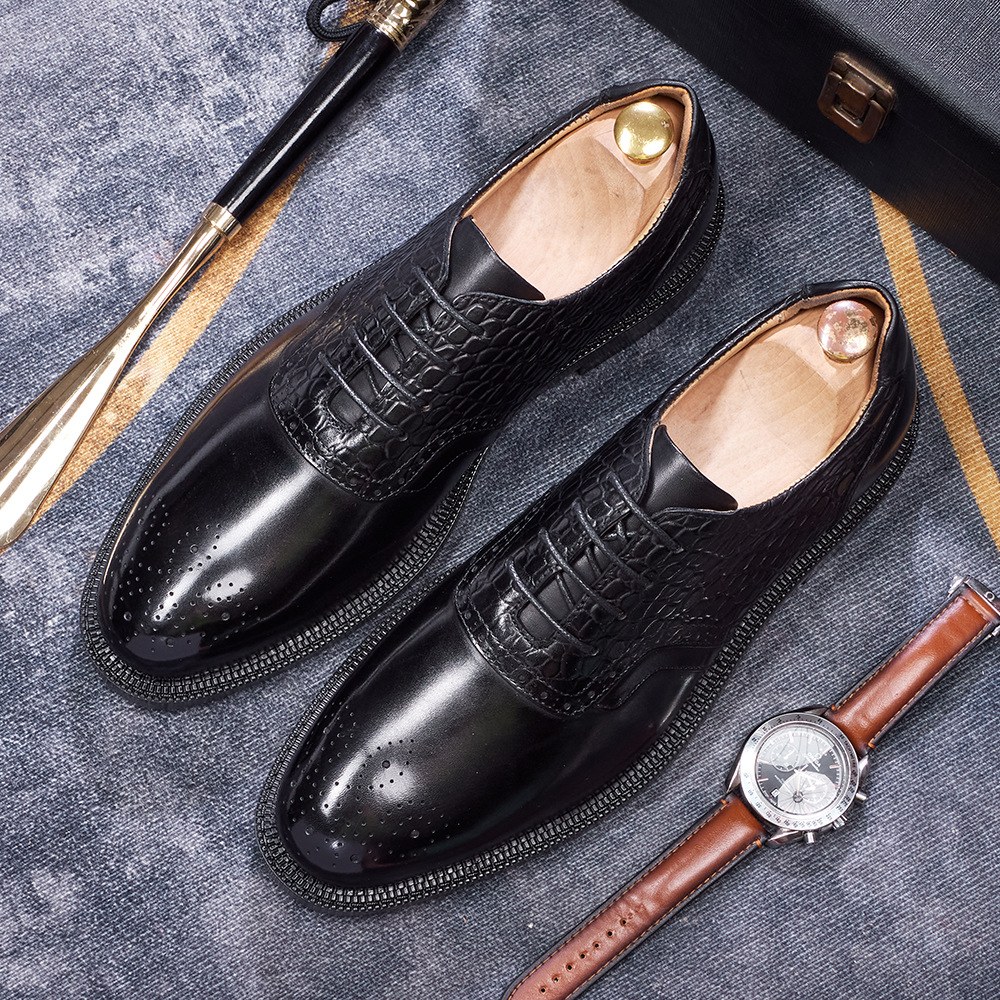 Men's Crocodile Embossed Brogue Pointed-Toe Oxford Shoes