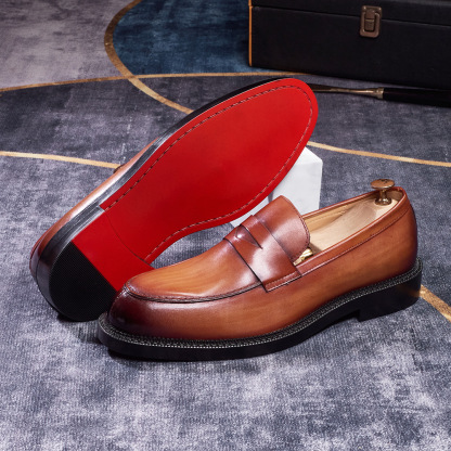 Men's British-Style Genuine Leather Pointed-Toe Penny Loafers with Red Sole