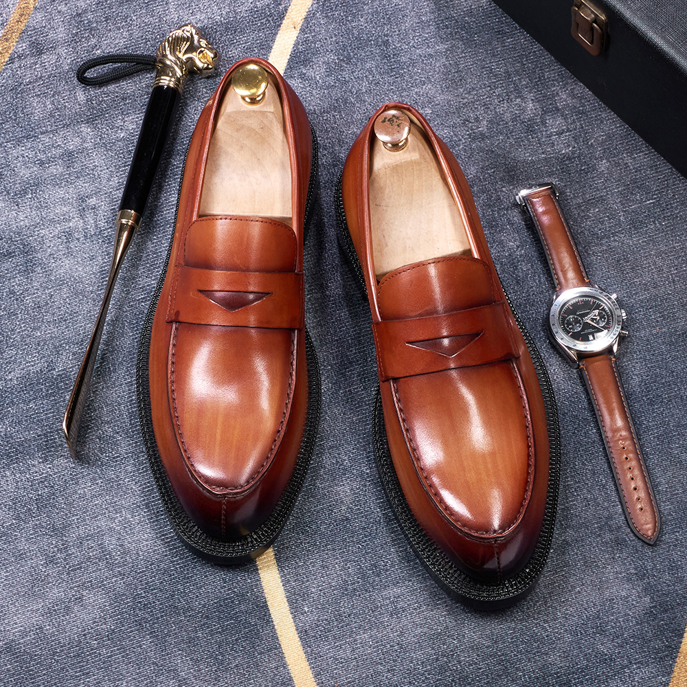 Men's British-Style Genuine Leather Pointed-Toe Penny Loafers with Red Sole