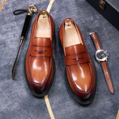 Men's British-Style Genuine Leather Pointed-Toe Penny Loafers with Red Sole