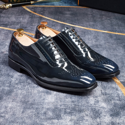 [Copy]Men's glossy embossed genuine leather lace-up Oxford shoes