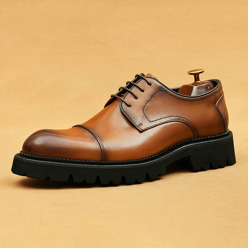 Men's Genuine Leather Distressed Burnished Platform Business-Casual Derby Shoes
