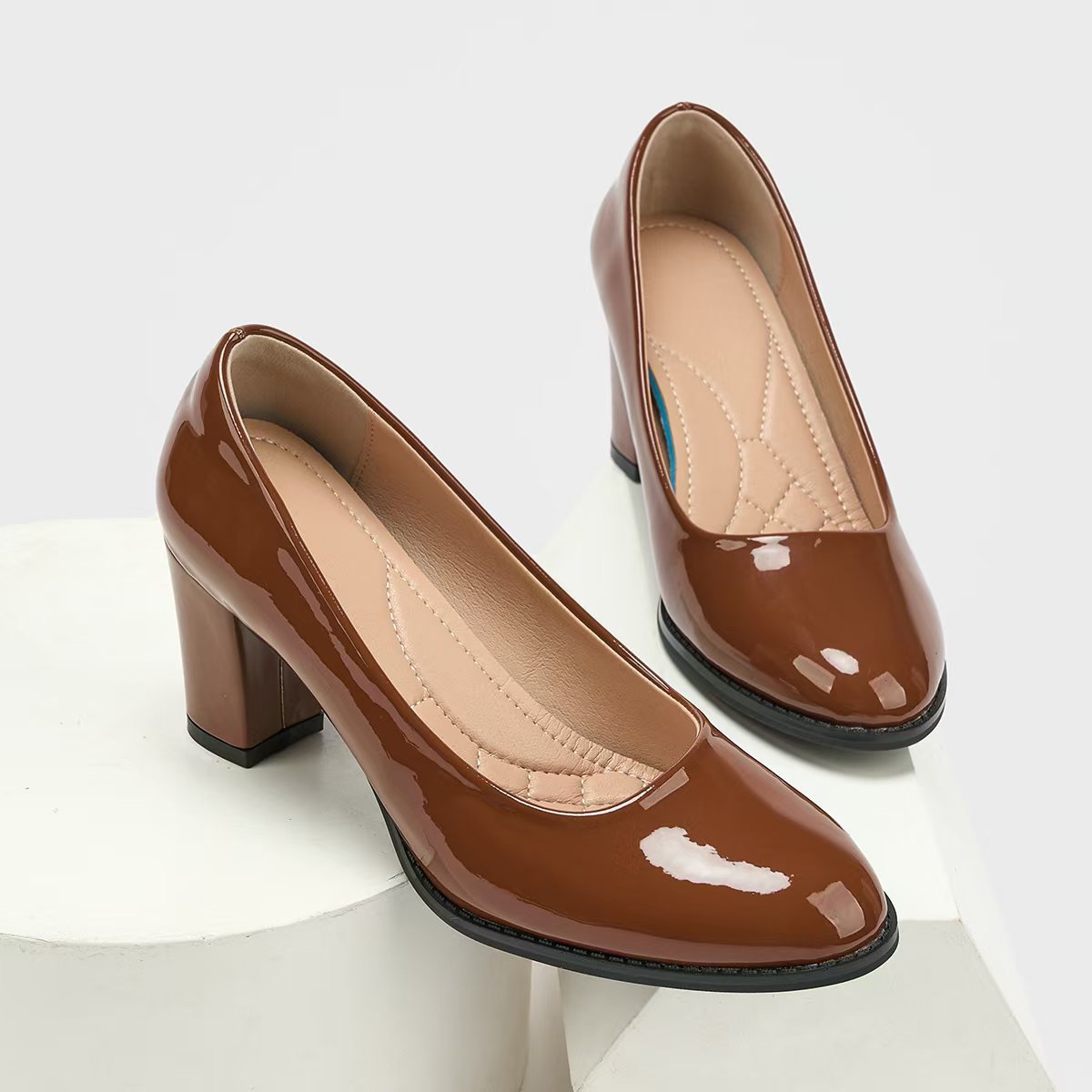 Spot Square-Toe Patent Leather Thick Heel Single Shoes For Women 2025 