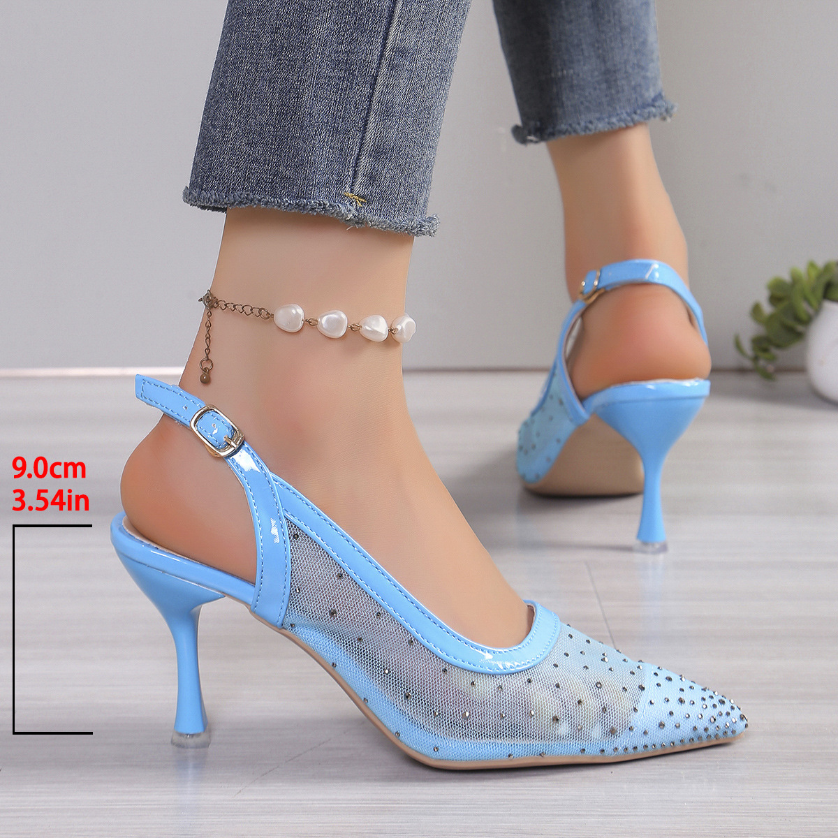 SHOEVIOLET™Fashion Rhinestone Mesh Pointed Toe High Heels Sandals