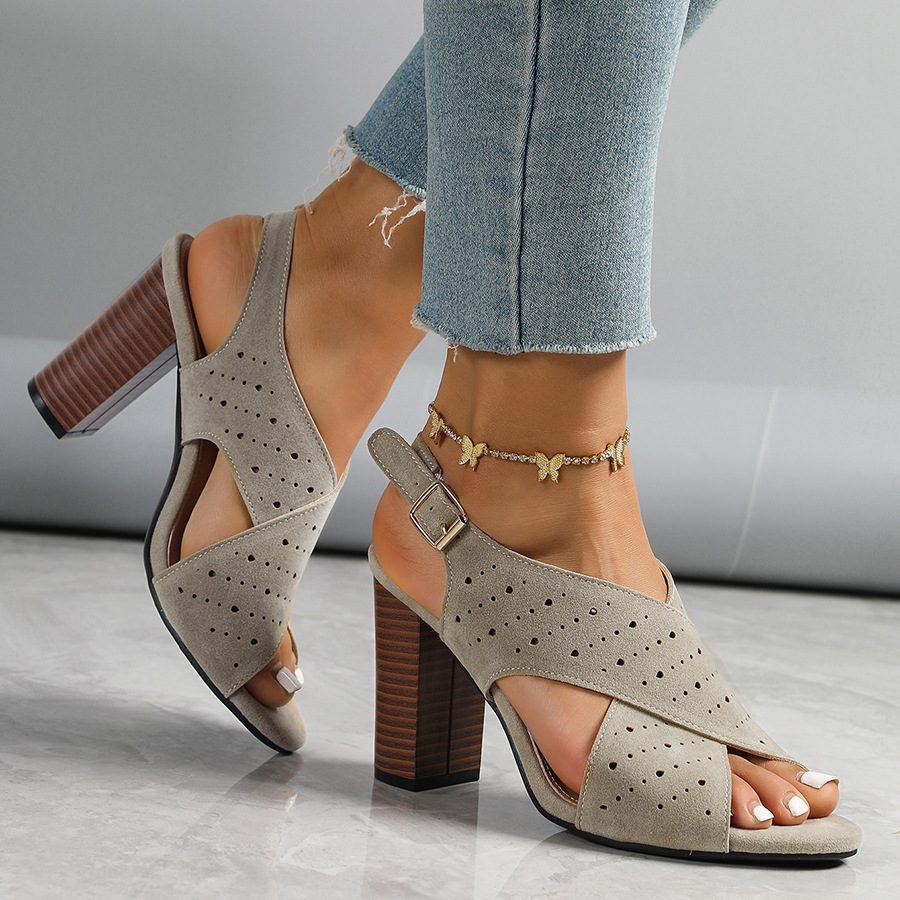 SHOEVIOLET™Fashion Suede Peep Toe Hollow Out Buckle High Heels Sandals