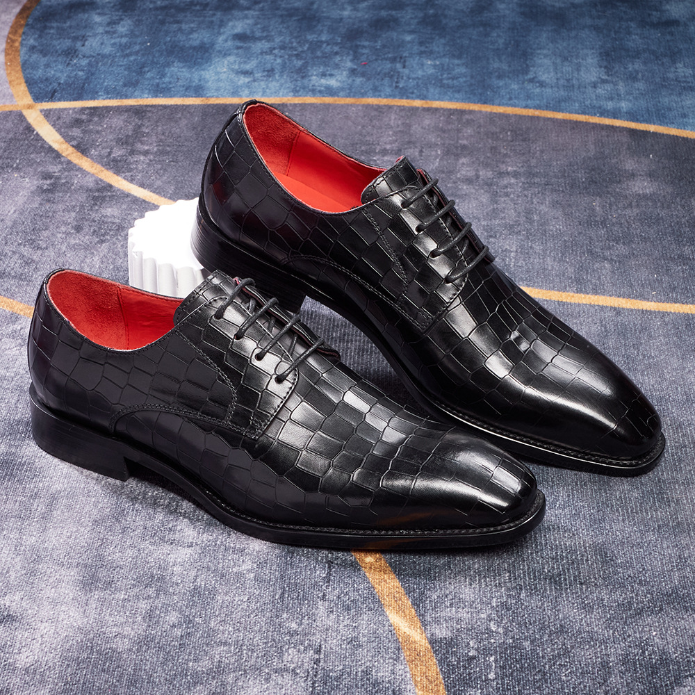 Men's Crocodile Pattern Genuine Leather Square Toe Business Derby Shoes