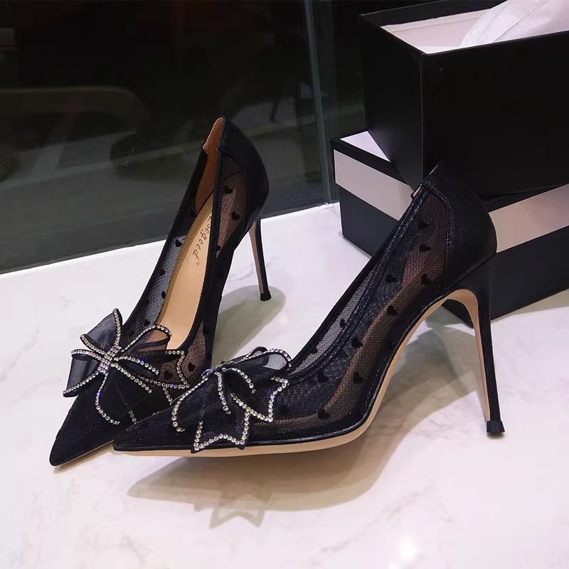 SHOEVIOLET™Sexy Bow Tie Rhinestone Mesh 6cm High Heels Sandals