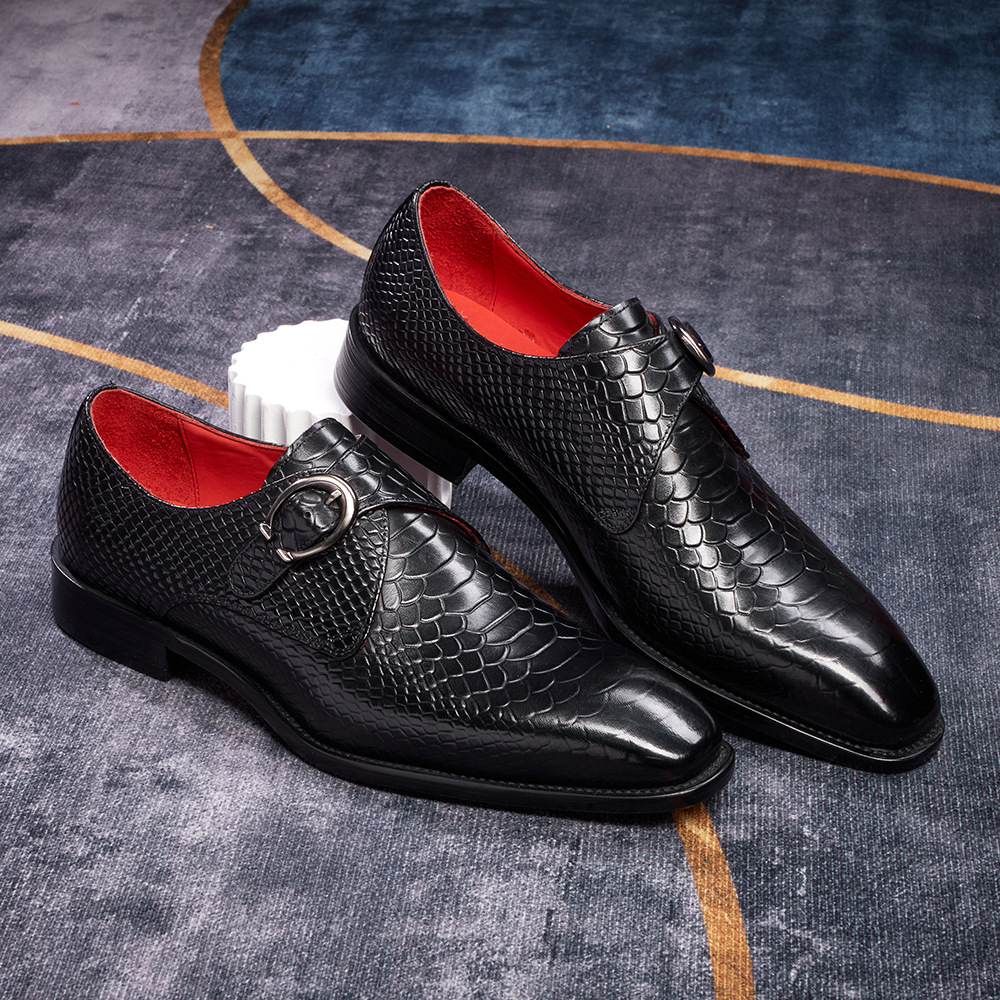 Men's breathable buckle snakeskin embossed pointed toe genuine leather shoes