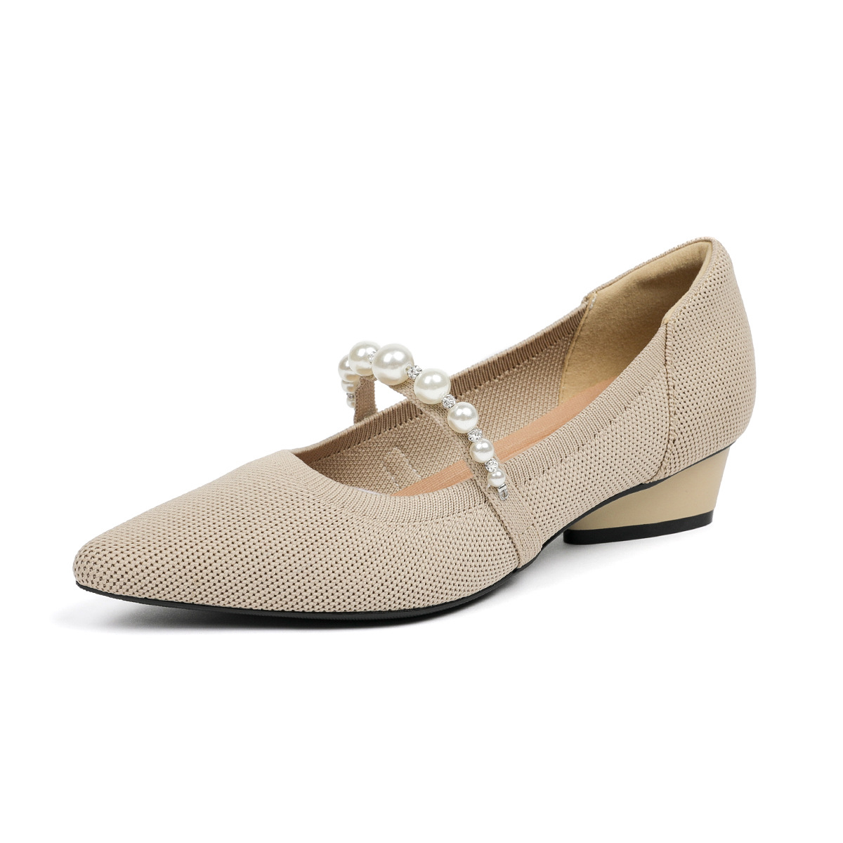B35-1 Pointed Toe Shallow Mouth Pearl Instep One Strap Fabric Large Size Casual Solid Color Love Rough Medium Heel Mother Shoes